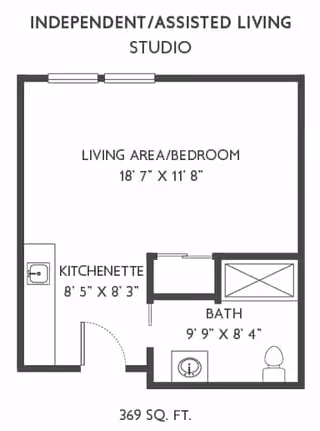 Floor plan of an independent/assisted living studio apartment showing a living area/bedroom measuring 18 feet 7 inches by 11 feet 8 inches, a kitchenette measuring 8 feet 5 inches by 8 feet 3 inches, and a bathroom measuring 9 feet 9 inches by 8 feet 4 inches. The total area is 369 square feet.