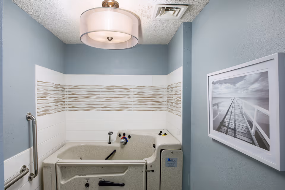 A small bathroom with a walk-in bathtub featuring safety handles and controls. The walls are painted blue with white and beige wave-patterned tiles surrounding the tub. A framed black and white photo of a pier extending into the water hangs on the wall. A modern ceiling light fixture illuminates the space.