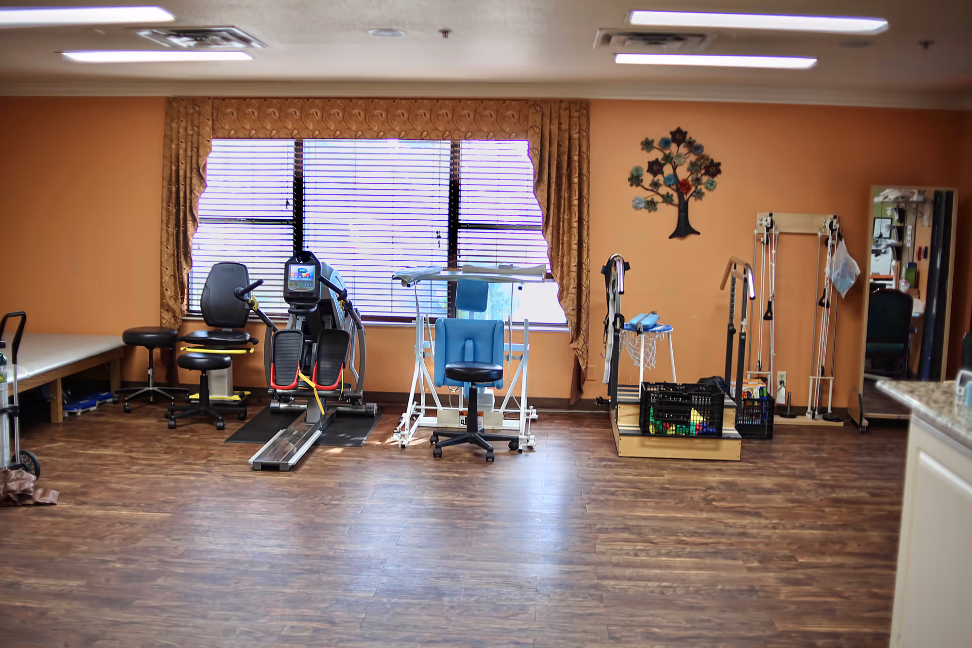 A rehabilitation or physical therapy room with exercise equipment including a recumbent bike, therapy chairs, parallel bars, and various therapy tools. The room has wooden flooring, orange walls, a window with blinds and curtains, and a decorative metal tree wall art.