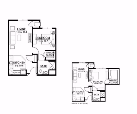 Two black and white architectural floor plans for assisted living units at Irene Woods Assisted Living. Each plan shows a living room, kitchen, bedroom with walk-in closet, and bathroom with dimensions labeled.