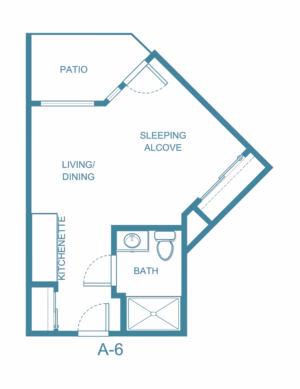 Floor plan layout of a studio apartment labeled A-6 at Holiday Hills Estates | Sky Active Living, featuring a sleeping alcove, living/dining area, kitchenette, bath, and a patio.