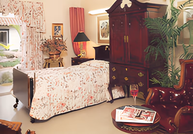 A cozy bedroom featuring a single bed with a patterned bedspread, a dark wooden armoire, a small round table with magazines and a glass of red drink, a leather armchair, a lamp on a side table, and various plants and framed artwork on the walls.