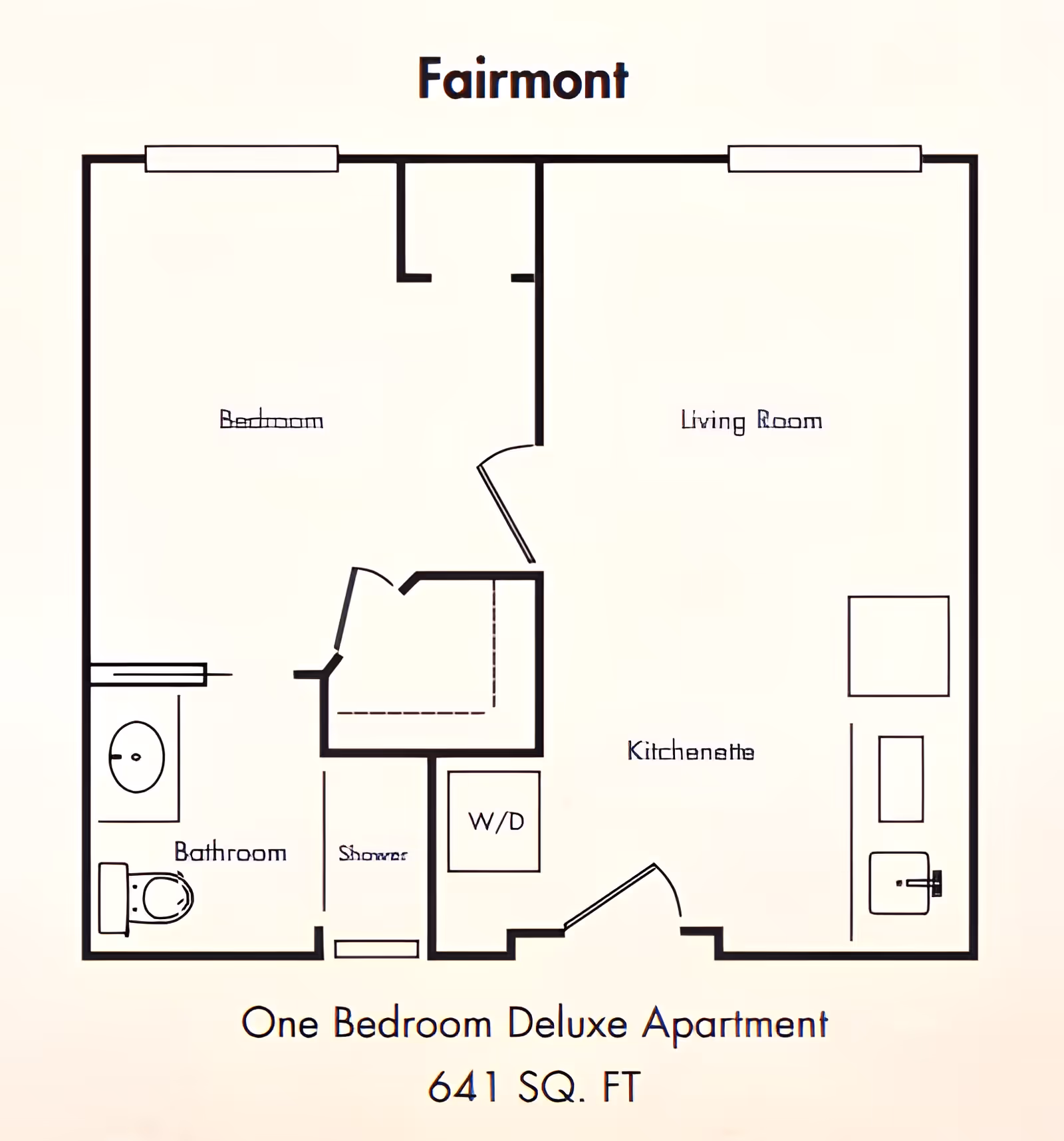 Schematic floor plan titled 'Fairmont' of a one-bedroom deluxe apartment (641 sq. ft.) showing a bedroom, living room, kitchenette, bathroom with shower, and a W/D closet.
