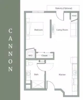 Floor plan layout of a one-bedroom apartment named Cannon, showing a bedroom, living room, kitchen, bathroom, closet, washer/dryer area, HVAC, and an optional balcony.