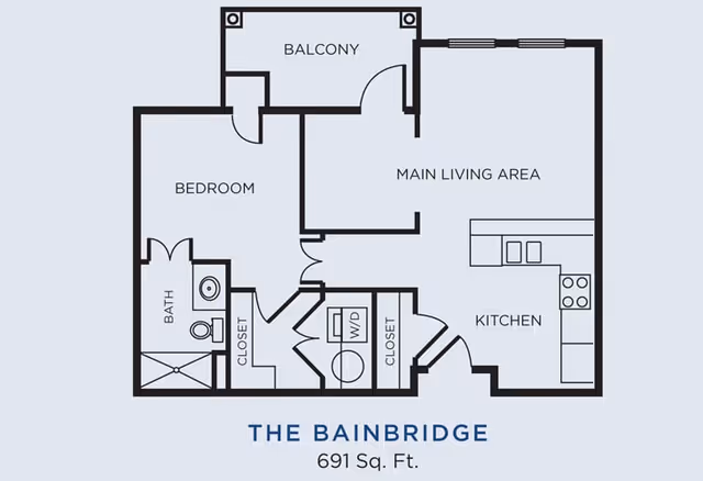 Floor plan of The Bainbridge apartment at Gardens of Gainesville, showing a 691 square feet layout with a bedroom, bathroom, kitchen, main living area, balcony, closets, and washer/dryer area.