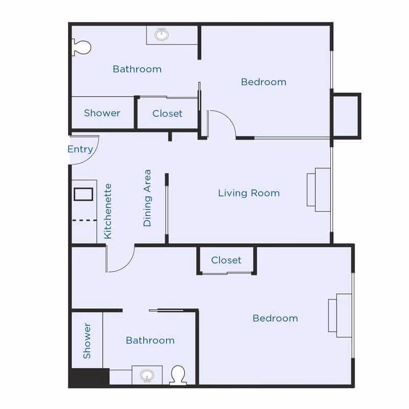 Top-down floor plan showing a two-bedroom apartment with a living room, dining area, kitchenette, two bathrooms with showers, and multiple closets.