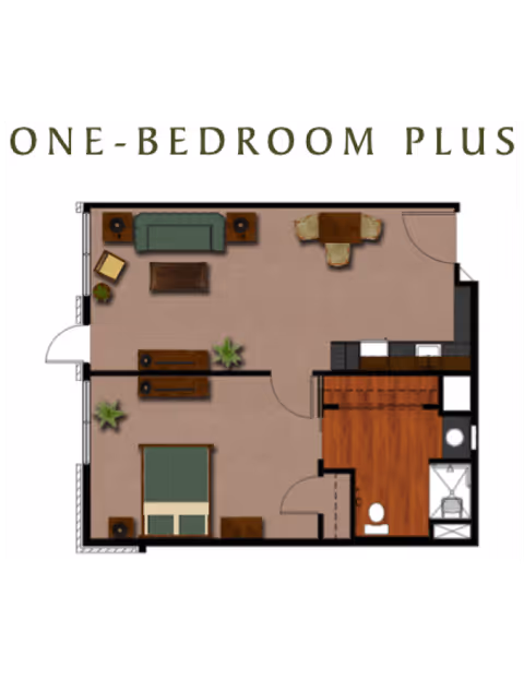 Floor plan of a one-bedroom plus apartment showing a living room with sofa, coffee table, and chairs, a dining area with a table and chairs, a bedroom with a bed and nightstands, a kitchen area, and a bathroom with a toilet and shower.