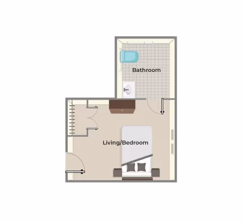 Floor plan of a senior living unit showing a combined living and bedroom area with a bed and two nightstands, a closet, and an attached bathroom with a bathtub and sink.