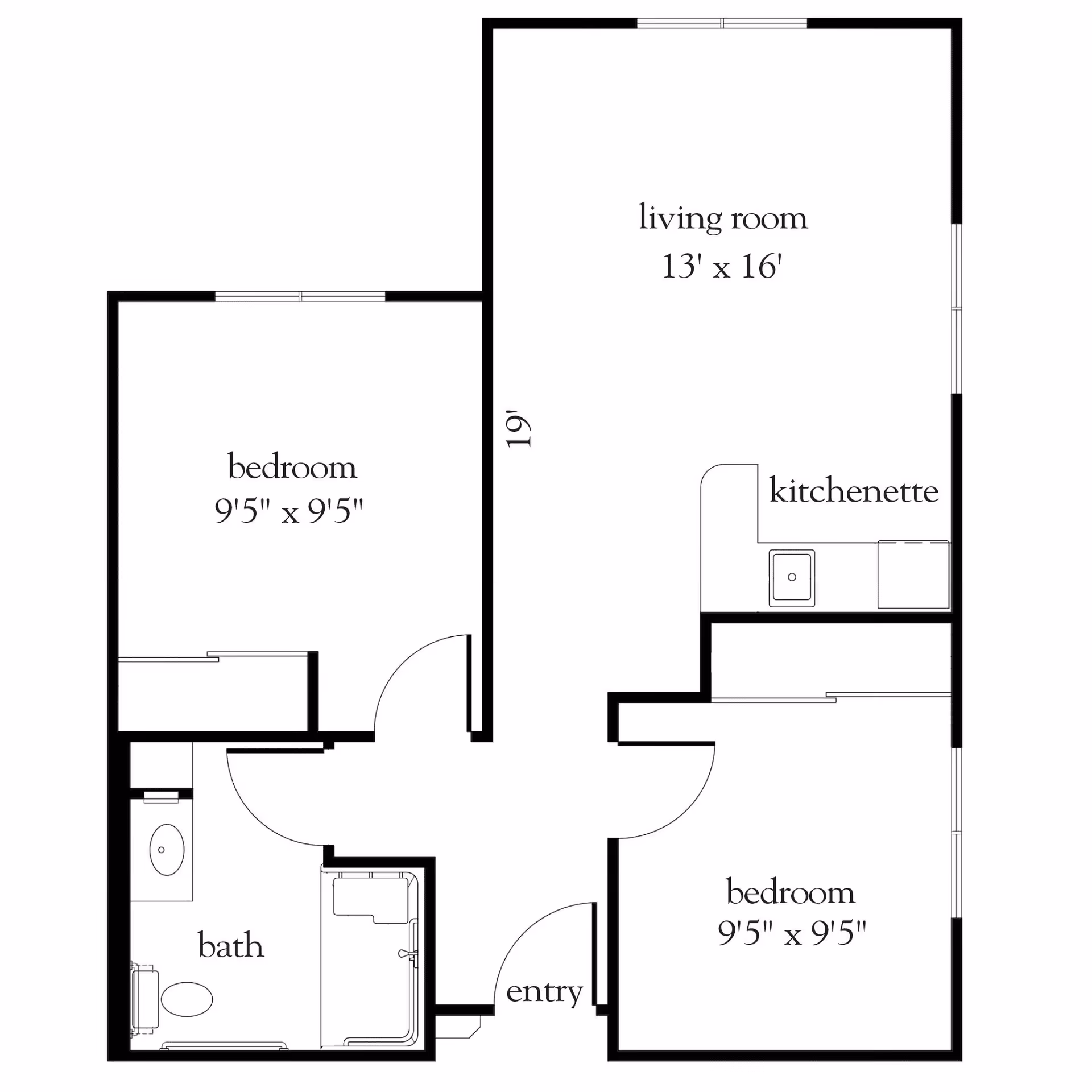 Floor plan of a living space at Atria Park of Lafayette showing two bedrooms each measuring 9 feet 5 inches by 9 feet 5 inches, a living room measuring 13 feet by 16 feet, a kitchenette, a bathroom, and an entry area.