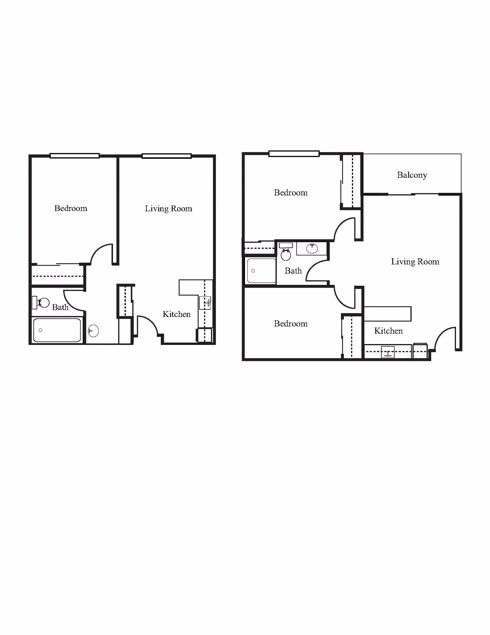 Two architectural floor plans showing layouts of apartments with labeled rooms including bedrooms, living rooms, kitchens, bathrooms, and a balcony in one plan.