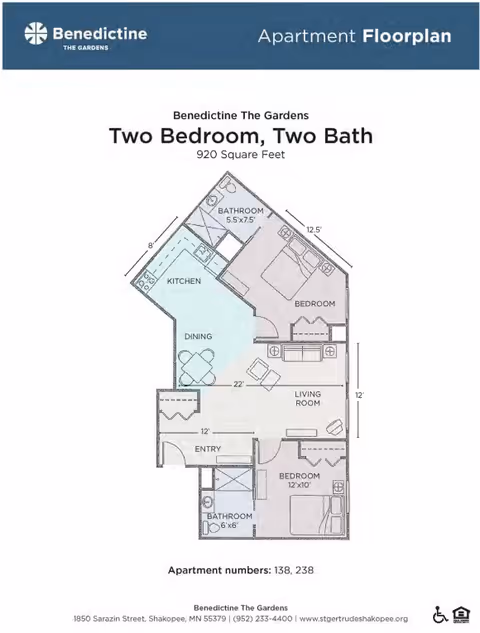 Floor plan of a two bedroom, two bathroom apartment at Benedictine The Gardens, showing layout with kitchen, dining area, living room, two bedrooms, and two bathrooms with dimensions.