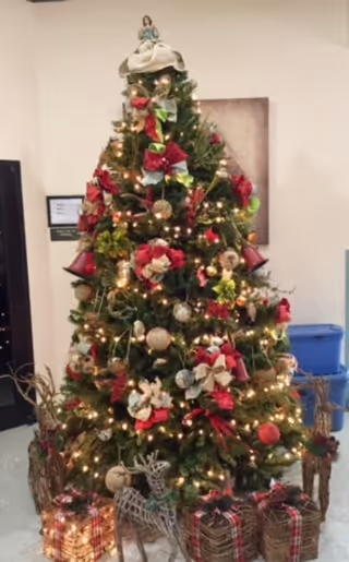 Decorated Christmas tree with lights, ribbons, ornaments and wrapped presents at its base inside a facility room.