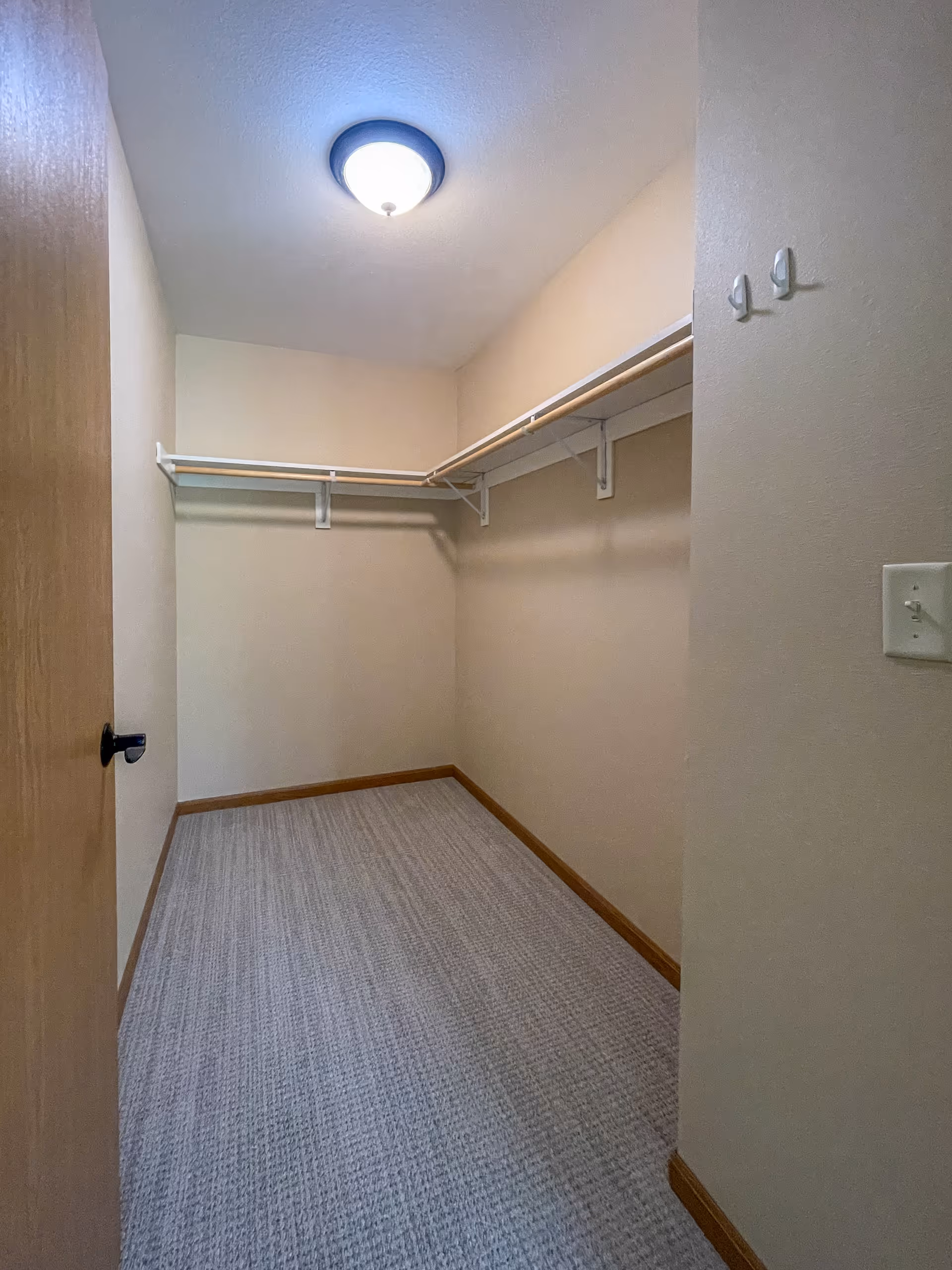 Empty walk-in closet with beige walls, carpeted floor, wooden door, and white shelves with hanging rods along two walls under a ceiling light fixture.