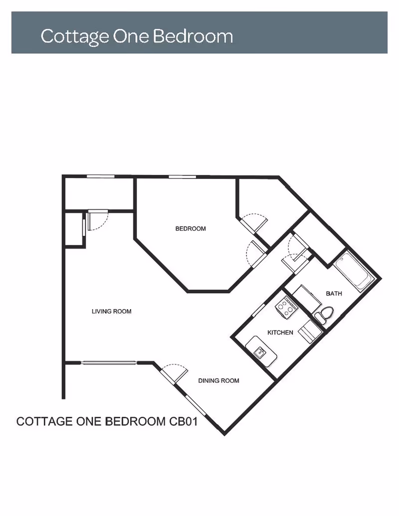 Floor plan layout of a one-bedroom cottage labeled Cottage One Bedroom CB01, showing a bedroom, living room, dining room, kitchen, and bathroom.