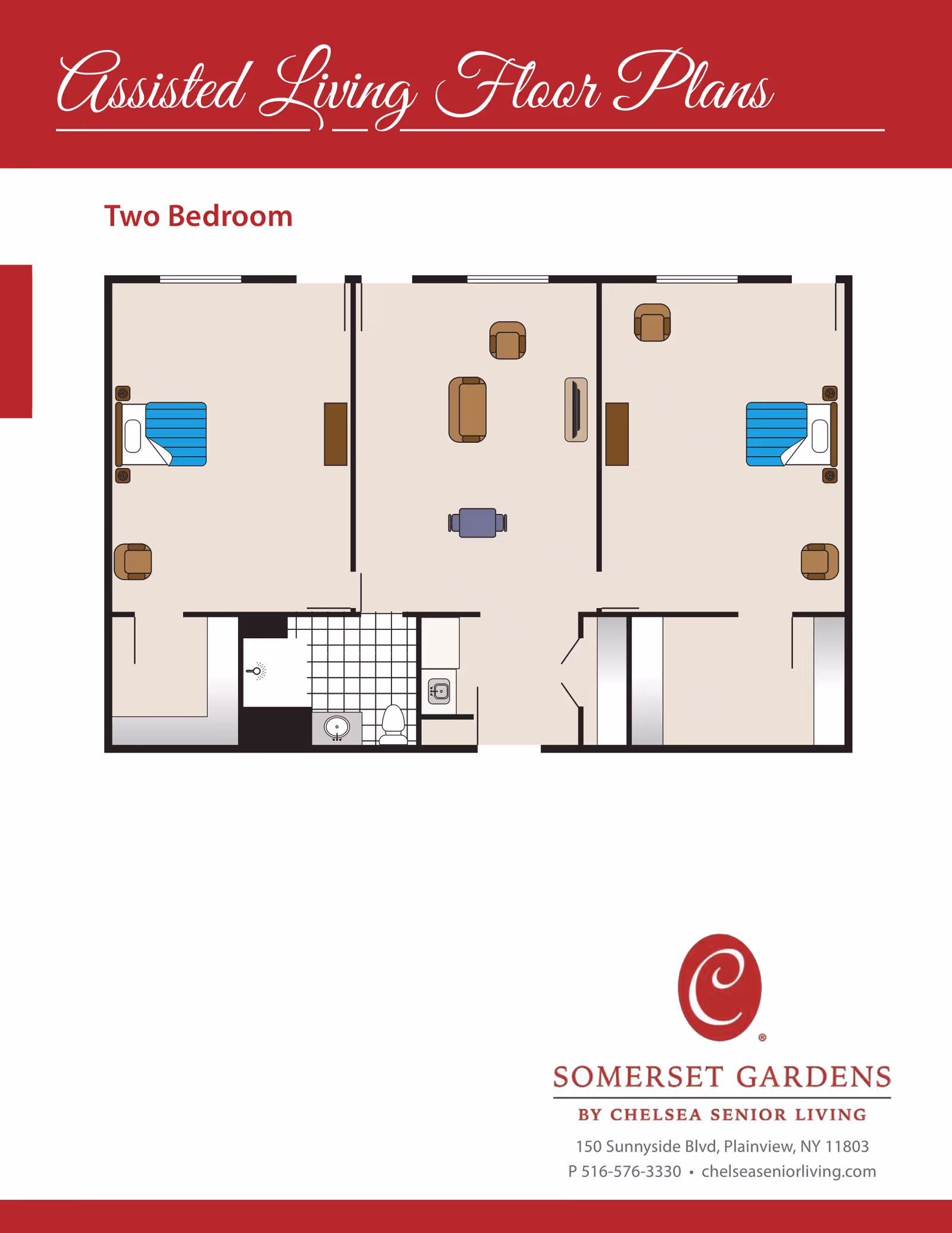 Two-bedroom assisted living floor plan showing two bedrooms, a central living room, and a bathroom/kitchen area.