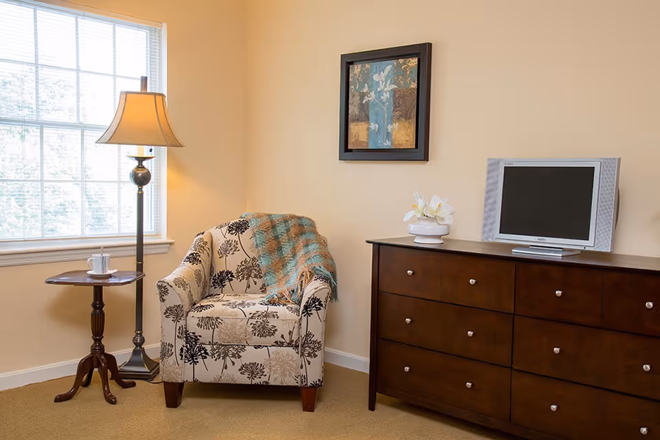 Cozy sitting area with a patterned armchair and throw beside a floor lamp and side table by a window, plus a wooden dresser with a TV.