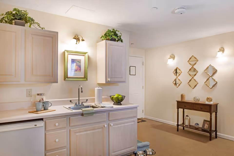 A small kitchen area with light wood cabinets, a sink, and countertop with a bowl of green apples, two cups on a tray, and a paper towel holder. Above the sink is a framed picture and two wall-mounted lights. To the right, there is a small wooden console table with decorative items and a wall decorated with multiple diamond-shaped mirrors. The floor is carpeted and there are pet bowls on the floor near the kitchen.