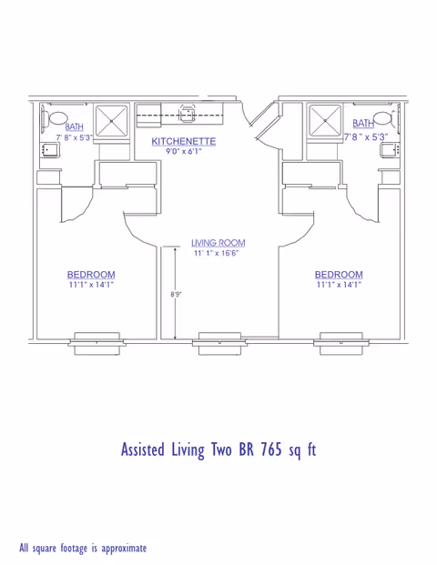 Floor plan of an assisted living two-bedroom apartment with a total area of 765 square feet. The layout includes two bedrooms each measuring 11 feet 1 inch by 14 feet 1 inch, two bathrooms each measuring 7 feet 8 inches by 5 feet 3 inches, a kitchenette measuring 9 feet by 6 feet 1 inch, and a living room measuring 11 feet 1 inch by 16 feet 6 inches. The plan shows doors, windows, and fixtures in each room.