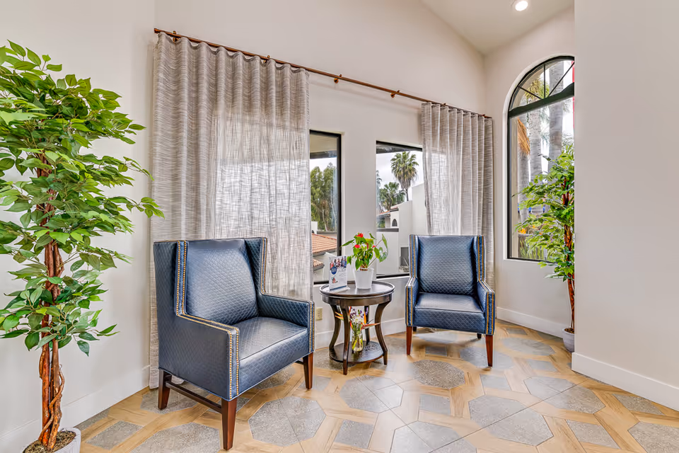 A bright sitting area with two blue upholstered armchairs placed on either side of a small round wooden table with a potted plant and a brochure. The space features large windows with sheer curtains, allowing natural light to fill the room. There are two tall green plants in pots positioned near the walls, and the floor has a geometric patterned tile design.