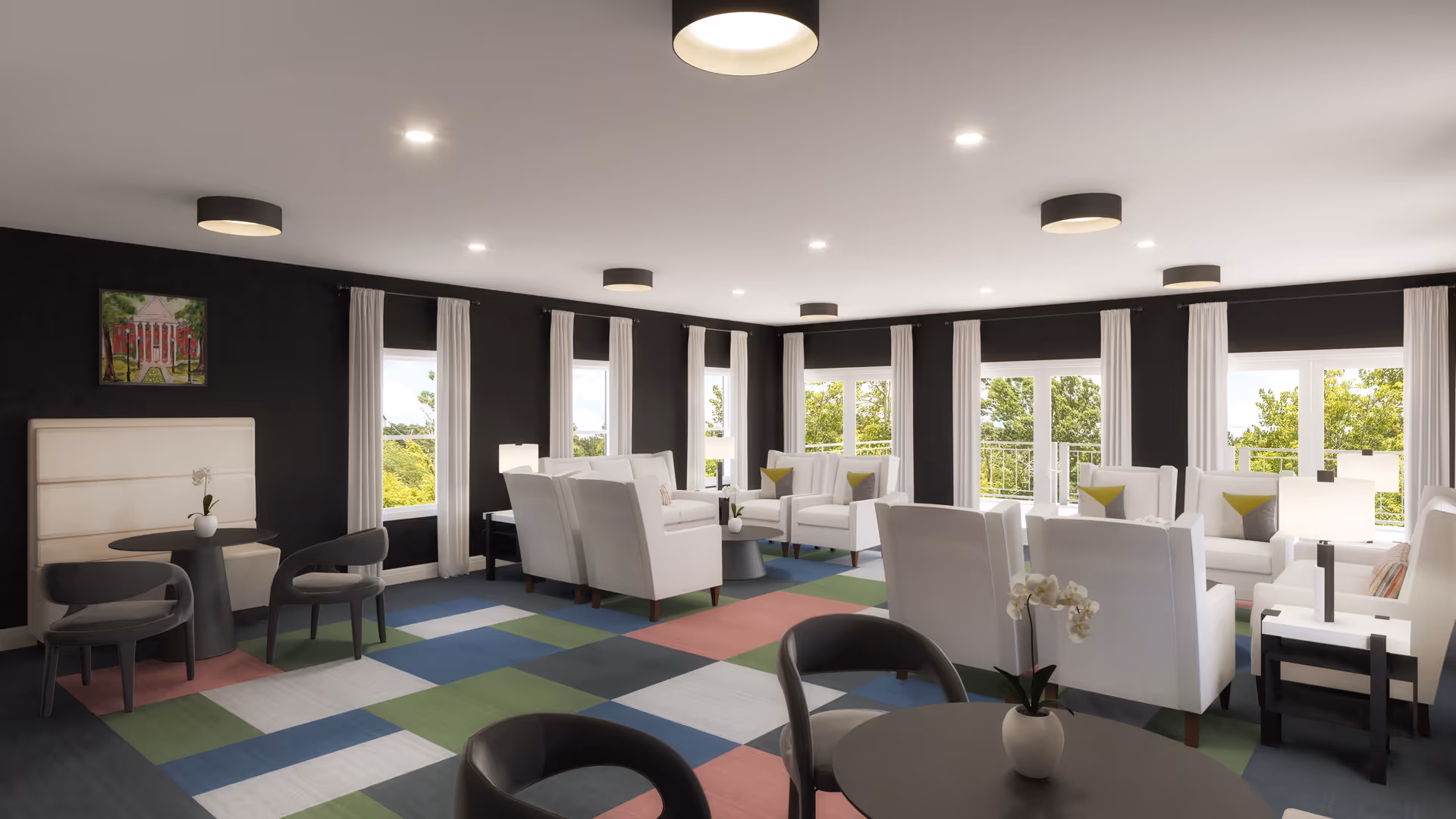 A spacious and modern living room with multiple white armchairs and sofas arranged in small groupings. The room features large windows with white curtains allowing natural light to brighten the space. The walls are painted black, and the floor has a colorful checkered pattern with shades of blue, green, white, and pink. There are several round tables with chairs and small decorative plants on them. Ceiling lights provide additional illumination.