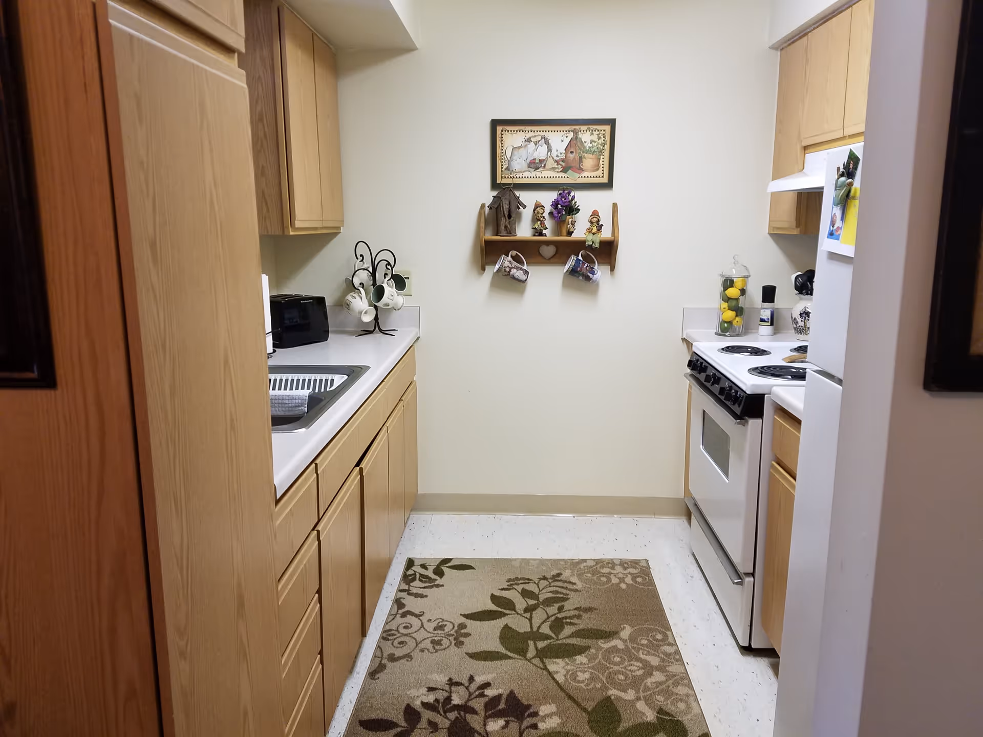 Small kitchen with light wood cabinets on both sides, a white stove and refrigerator on the right, and a sink with a dish rack on the left. A decorative shelf with mugs and small figurines hangs on the wall at the end of the kitchen. A patterned rug with green and brown leaves covers the floor.