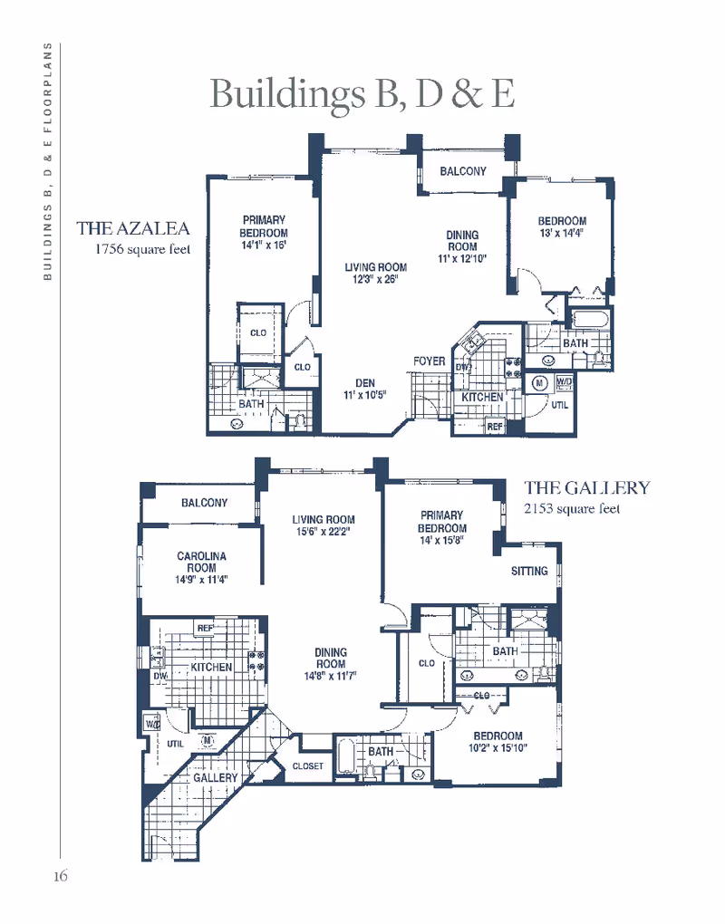 Architectural floor plan sheet showing two labeled apartment layouts (The Azalea and The Gallery) with room names, dimensions, balconies and utility areas.