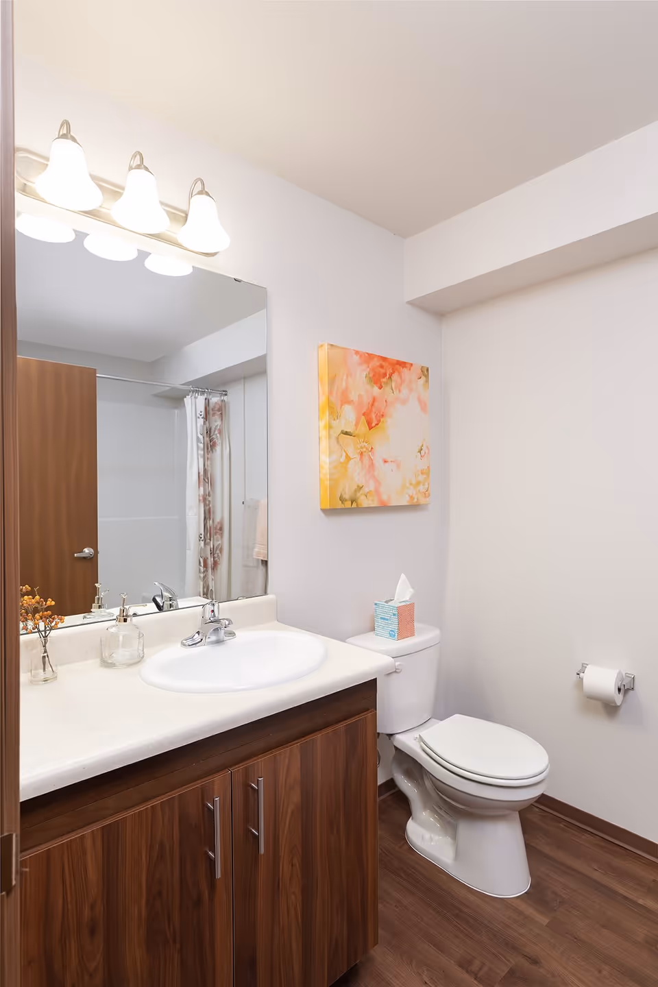A clean and modern bathroom featuring a white sink with a silver faucet set in a wooden vanity with two cabinet doors. Above the sink is a large mirror with three light fixtures. To the right of the sink is a white toilet with a tissue box on top. A colorful floral painting hangs on the wall above the toilet. The bathroom has wood-look flooring and a white wall with a mounted toilet paper holder.