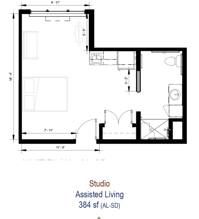 Studio assisted living floor plan on a black background showing bed and furniture outlines with the label "Studio Assisted Living 384 sf (AL-SD)."