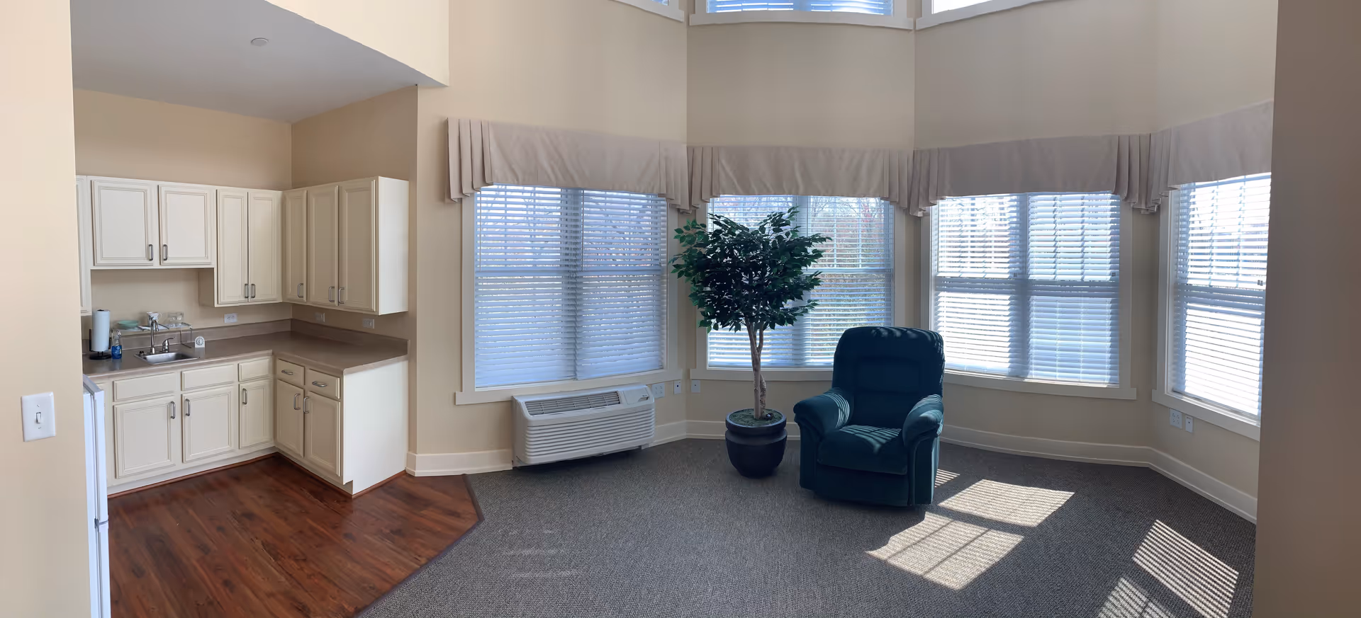 A bright room with large windows covered by blinds and beige valances. There is a green upholstered armchair and a potted artificial tree near the windows. To the left, there is a small kitchenette with white cabinets, a sink, and a countertop. The floor near the kitchenette is wood, while the rest of the room is carpeted.