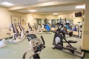 Fitness room with exercise bikes, ellipticals, mirrors, and a wall-mounted TV.