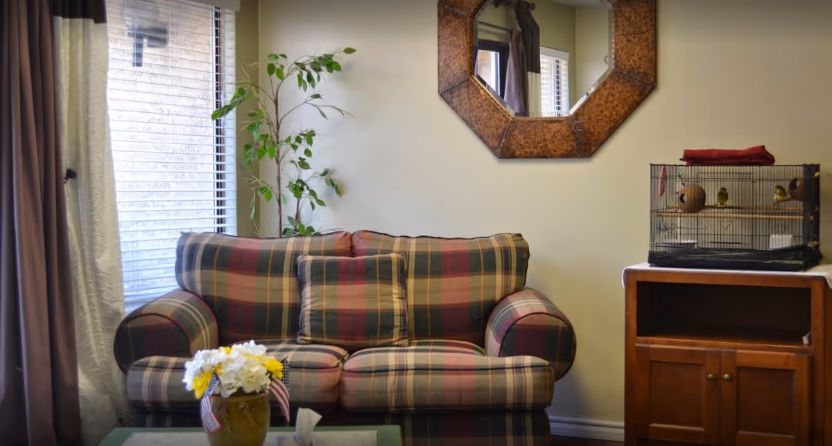 A cozy living room area with a plaid patterned sofa, a small potted plant beside it, a decorative octagonal mirror on the wall, and a wooden cabinet holding a birdcage with small birds inside. A window with blinds and curtains is visible behind the sofa.