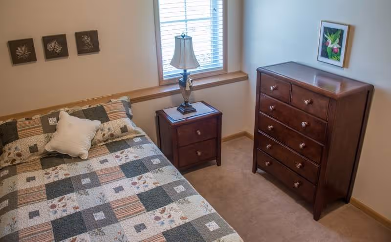 A small bedroom with a bed covered in a patchwork quilt, a white decorative pillow, a wooden nightstand with a lamp, a window with blinds, a wooden dresser with multiple drawers, and a framed picture on the wall.