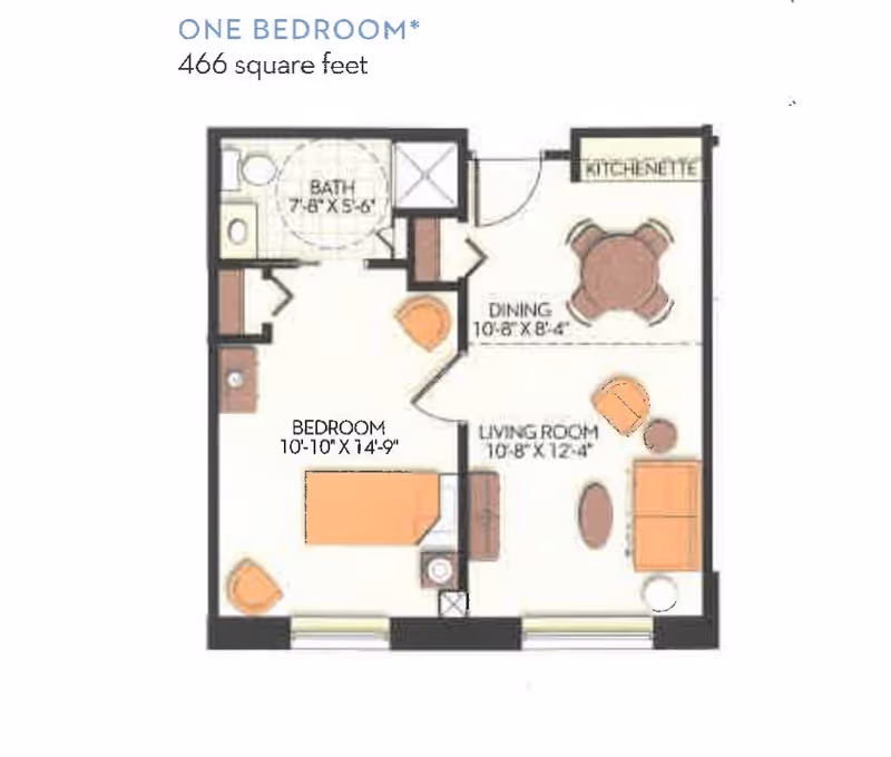 Floor plan of a one-bedroom apartment measuring 466 square feet, showing a bedroom, bath, kitchenette, dining area, and living room with furniture layout and dimensions.