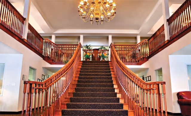 A grand interior staircase with dark carpeted steps and polished wooden railings leading up to a second-floor balcony. A large ornate chandelier hangs from the ceiling above the staircase. There are potted plants on the landing at the top of the stairs and white walls with doorways on either side at the ground level.