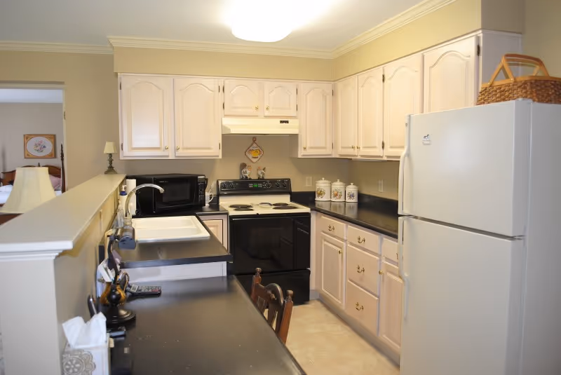 Bright kitchen interior with light wood cabinets, black countertops, a white refrigerator, black stove, sink and microwave.