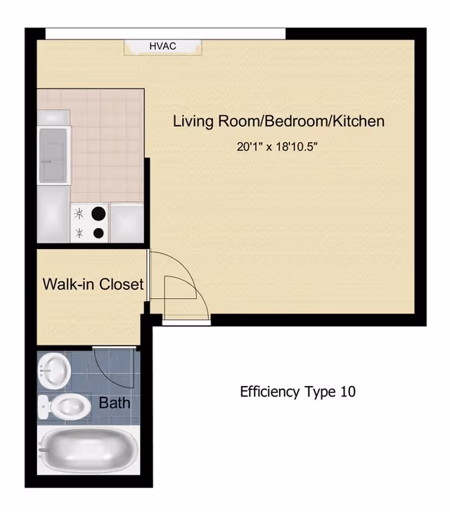 Floor plan of an efficiency apartment labeled Efficiency Type 10, featuring a combined living room, bedroom, and kitchen area measuring 20 feet 1 inch by 18 feet 10.5 inches. The kitchen area includes a sink, stove, and refrigerator. There is a walk-in closet adjacent to the living area. The bathroom includes a sink, toilet, and bathtub. HVAC unit is located at the top of the living area.