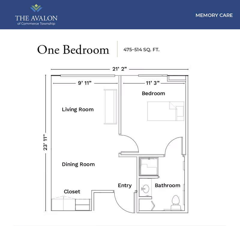Floor plan layout of a memory care unit at The Avalon of Commerce Township showing a living room, dining room, bedroom, bathroom, closet, and entry area with dimensions.