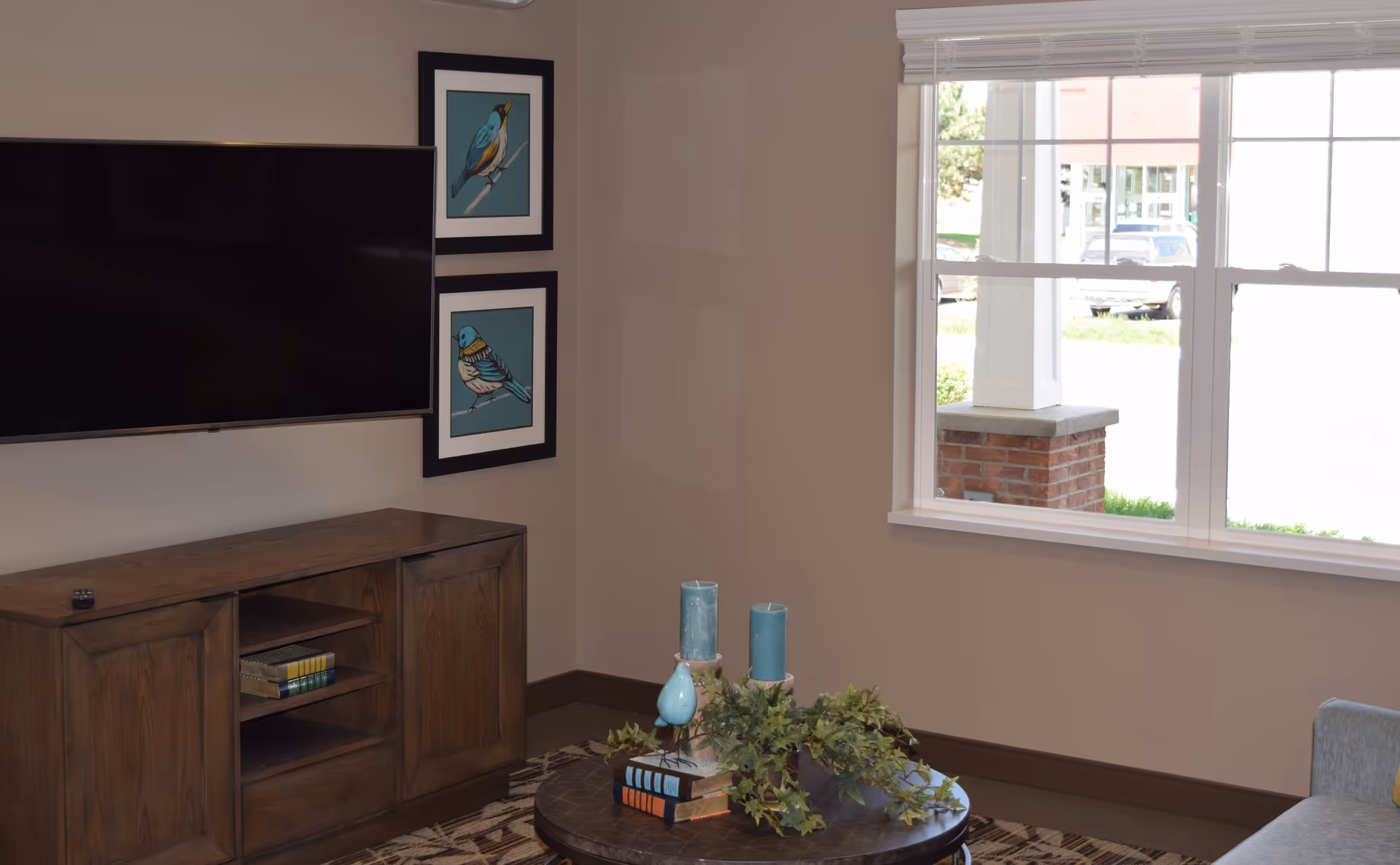 A cozy living room corner with a mounted flat-screen TV above a wooden cabinet. Two framed bird illustrations hang on the wall next to the TV. A round coffee table in front holds decorative items including two blue candles, a small blue bird figurine, some books, and green foliage. A window with white blinds lets in natural light and shows a partial view of the outside.