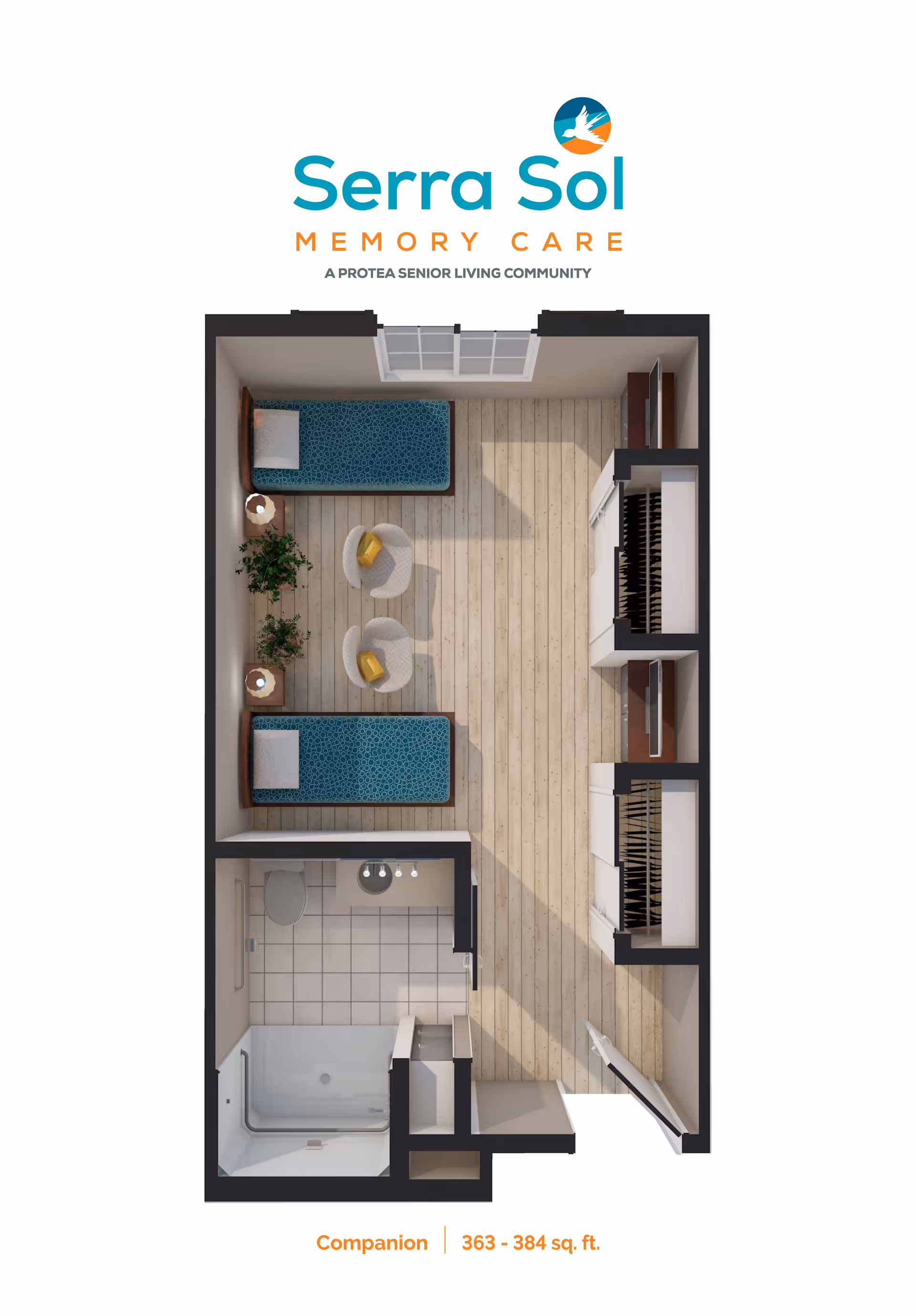 Top-down floor plan of a companion memory care room at Serra Sol Memory Care, showing two single beds with blue bedding, two chairs with a small table between them, two plants, a bathroom with a shower, toilet, and sink, and closet/storage space along one wall.