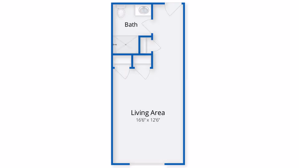 Floor plan of a small living space featuring a living area measuring 16 feet 6 inches by 12 feet 6 inches, and a bathroom with a toilet, sink, and shower.