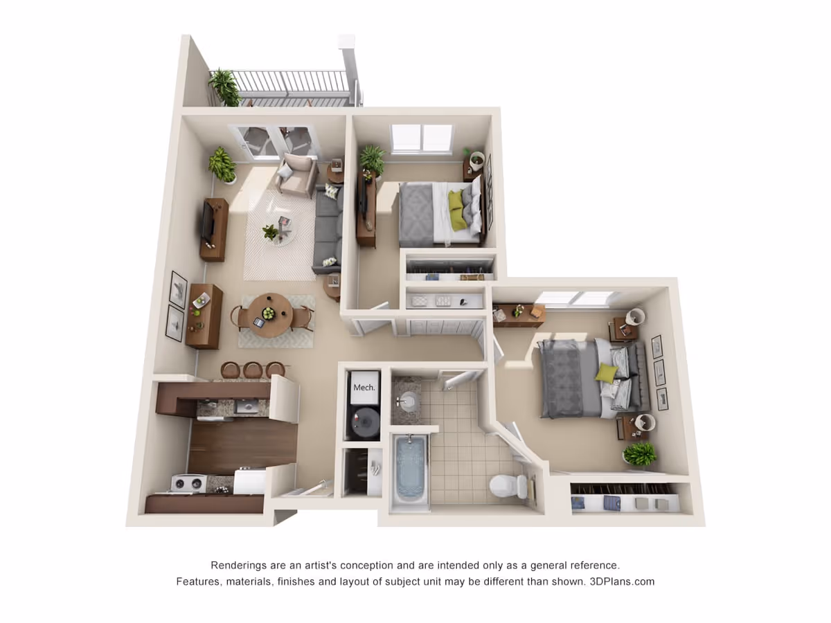 3D floor plan of a two-bedroom senior living apartment featuring a living room with sofa and TV, a dining area with round table and chairs, a kitchen with appliances, a bathroom with bathtub and toilet, and two bedrooms with beds and nightstands. There is also a small balcony accessible from the living room.