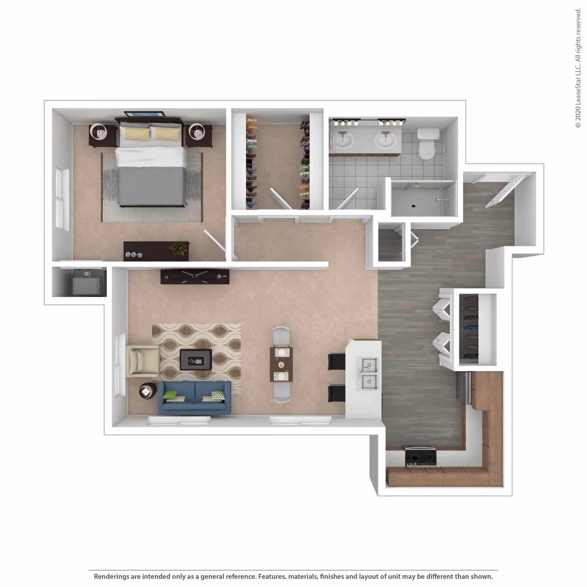 3D floor plan of a one-bedroom apartment featuring a bedroom with a bed and nightstands, a walk-in closet, a bathroom with double sinks, toilet, and shower, a living room with sofa, armchair, coffee table, and TV stand, a dining area with a small table and chairs, and a kitchen with an island, sink, stove, and cabinetry.