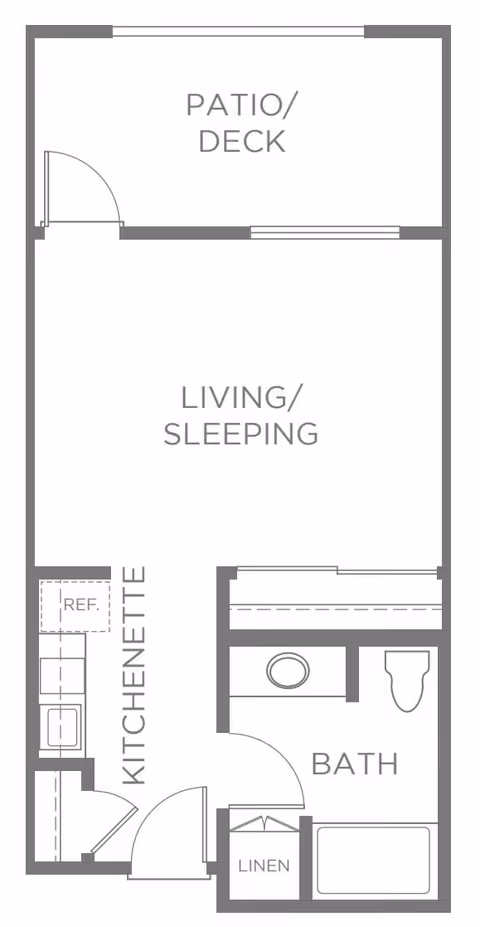Floor plan of a small living space at Valencia Terrace showing a patio/deck, a combined living and sleeping area, a kitchenette with a refrigerator and sink, a bathroom with a toilet, sink, and bathtub, and a linen closet.