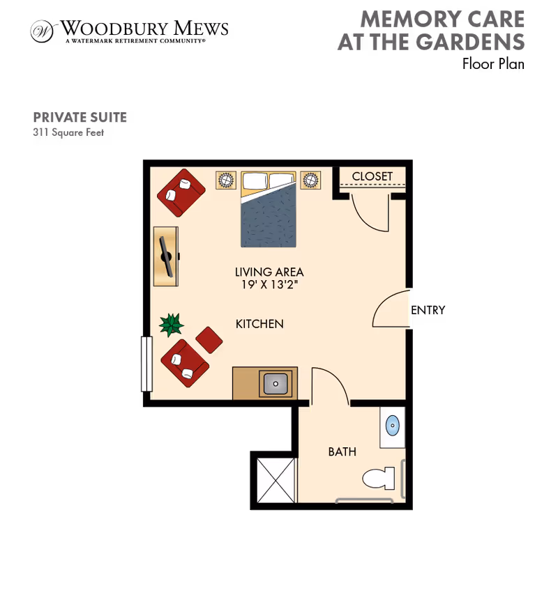 Floor plan of a private suite at Woodbury Mews Memory Care at The Gardens, showing a living area with a bed, two chairs, a TV, a kitchen area with a sink, a closet, and a bathroom with a toilet and sink. The living area measures 19 feet by 13 feet 2 inches, and the total suite is 311 square feet.