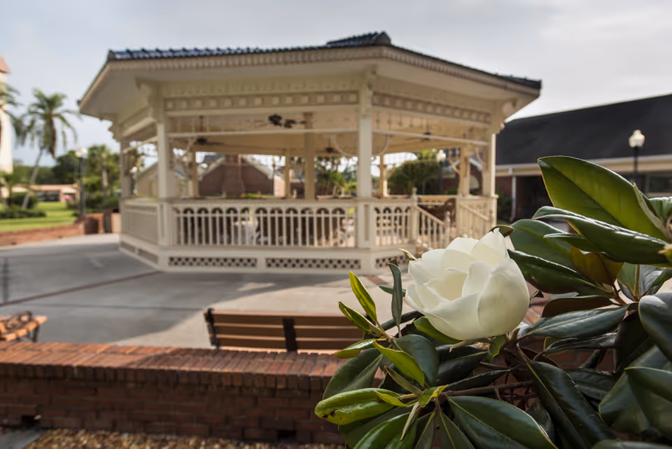 A white gazebo with decorative railings in an outdoor courtyard area, surrounded by benches and greenery, with a white flower and green leaves in the foreground.
