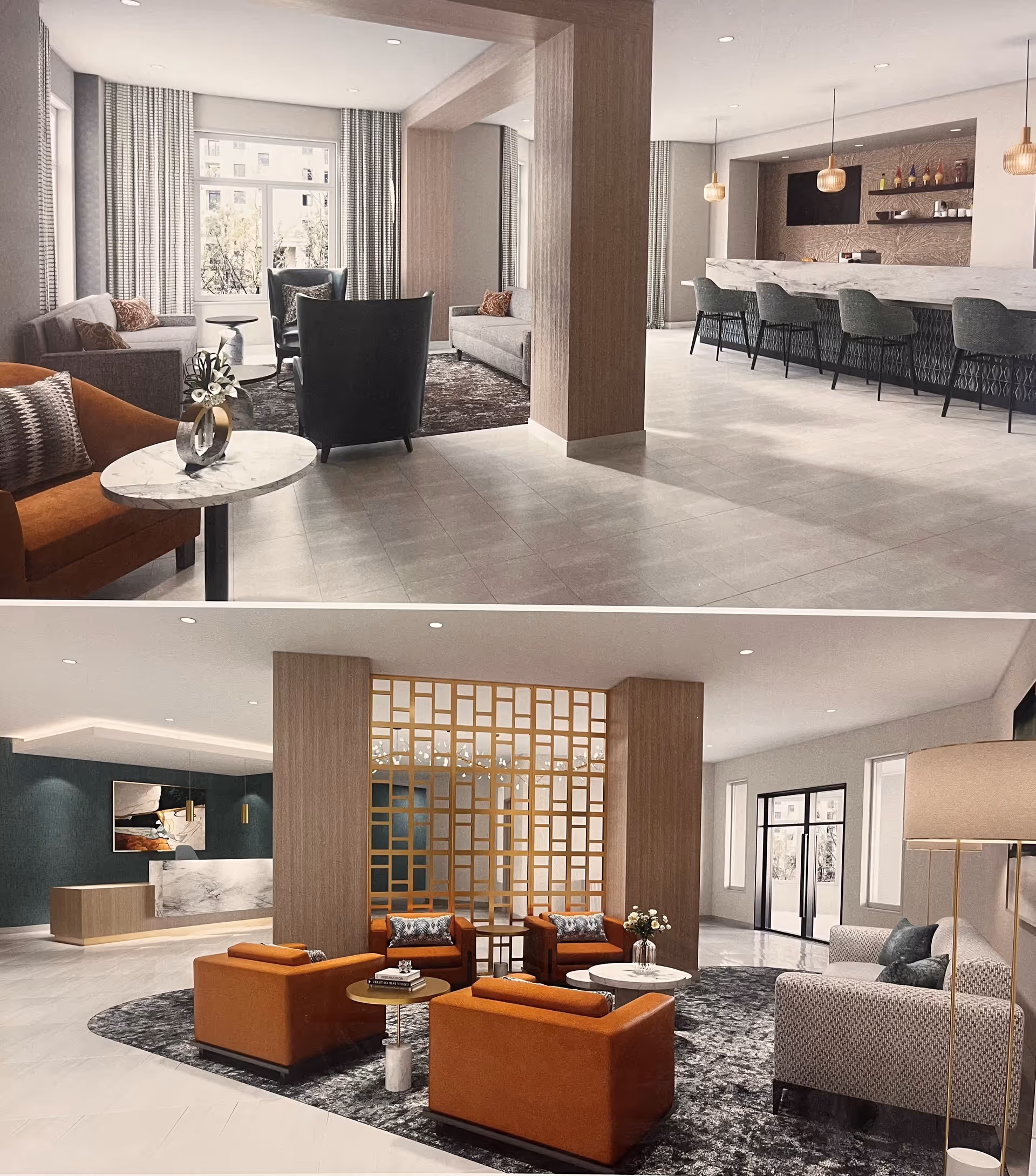 Two views of a modern senior living facility interior at The Terraces at Tuckerman Lane. The top image shows a lounge area with sofas, armchairs, a small round table with a flower vase, and a bar with high chairs and pendant lights. The bottom image shows a spacious lobby with orange armchairs, a patterned rug, a decorative wooden partition, a reception desk, and large windows letting in natural light.