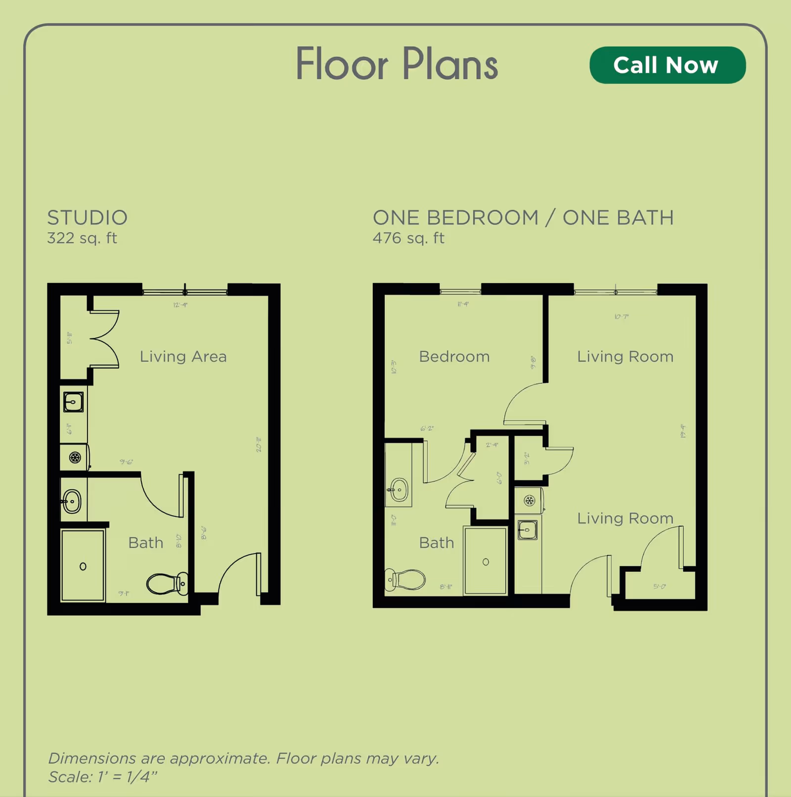 Floor plans for Angels Senior Living at the Lodges of Idlewild showing two layouts: a studio apartment of 322 sq. ft. with a living area and bath, and a one bedroom/one bath apartment of 476 sq. ft. with a bedroom, living room, and bath. Dimensions and scale are noted.