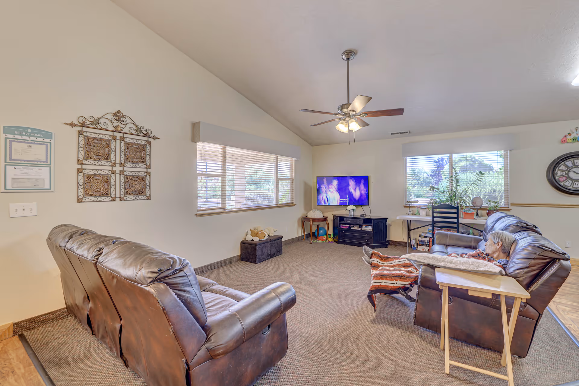 A living room with two brown leather sofas facing a wall-mounted TV. A ceiling fan with lights hangs from the ceiling. There are two windows with blinds, a small table with plants, and a clock on the wall. An elderly person is sitting on one of the sofas covered with a blanket.