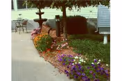 Outdoor garden area with a variety of colorful flowers along a paved walkway. There is a small table and chairs set in the background near a white building.