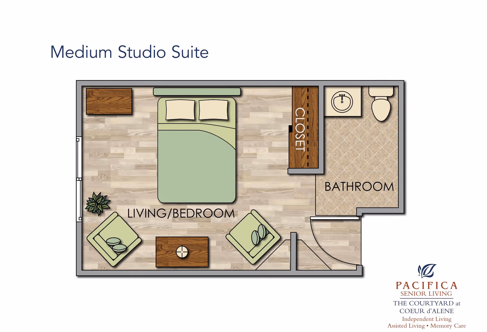 Floor plan of a Medium Studio Suite at The Courtyard at Coeur d'Alene showing a combined living and bedroom area with a bed, two chairs, a coffee table, a closet, and a separate bathroom with a sink and toilet.